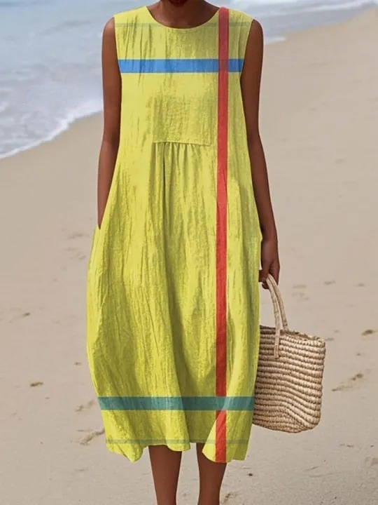 Women's Abstract Geometric Pattern Art Print Sleeveless Cotton Pocket Wrap Dress