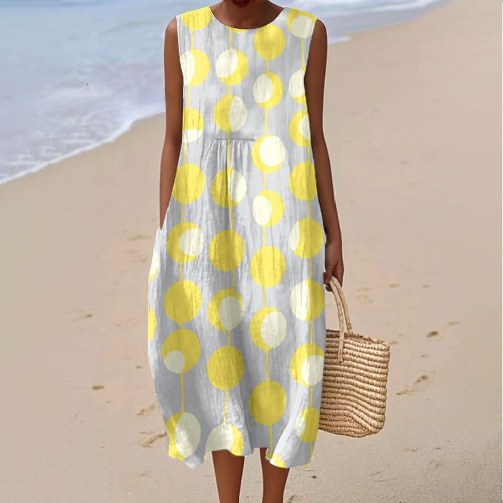 Women's Vintage Abstract Geometry Art Print Sleeveless Cotton Pocket Wrap Dress