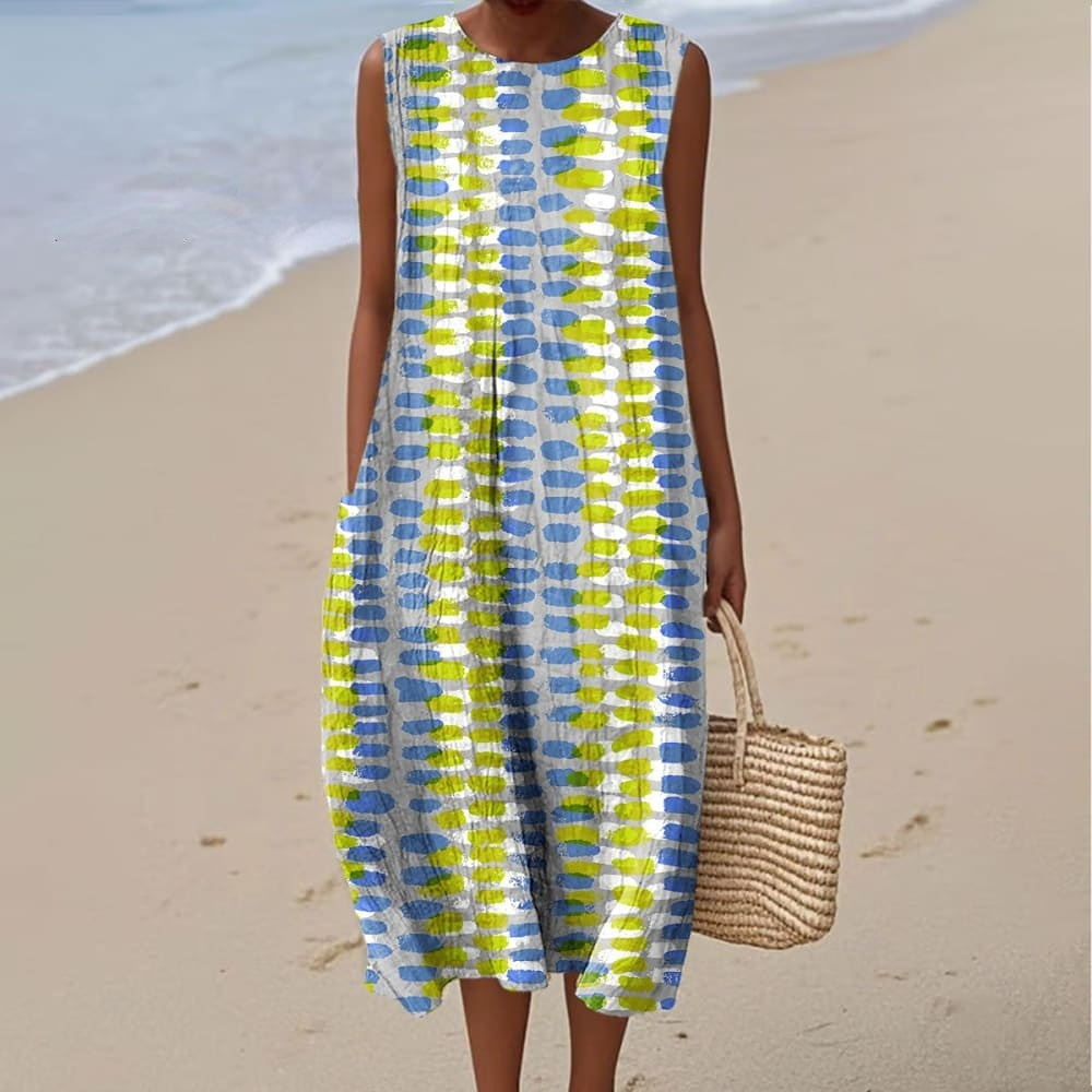 Women's Fashion Color Block Art Print Sleeveless Cotton Pocket Wrap Dress