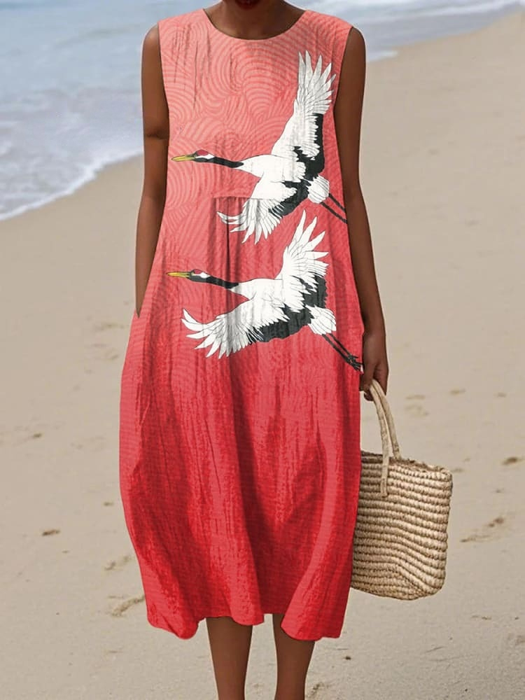 Women's Japanese Ukiyoe Flying Crane Art Print Sleeveless Linen Pocket Wrap Dress