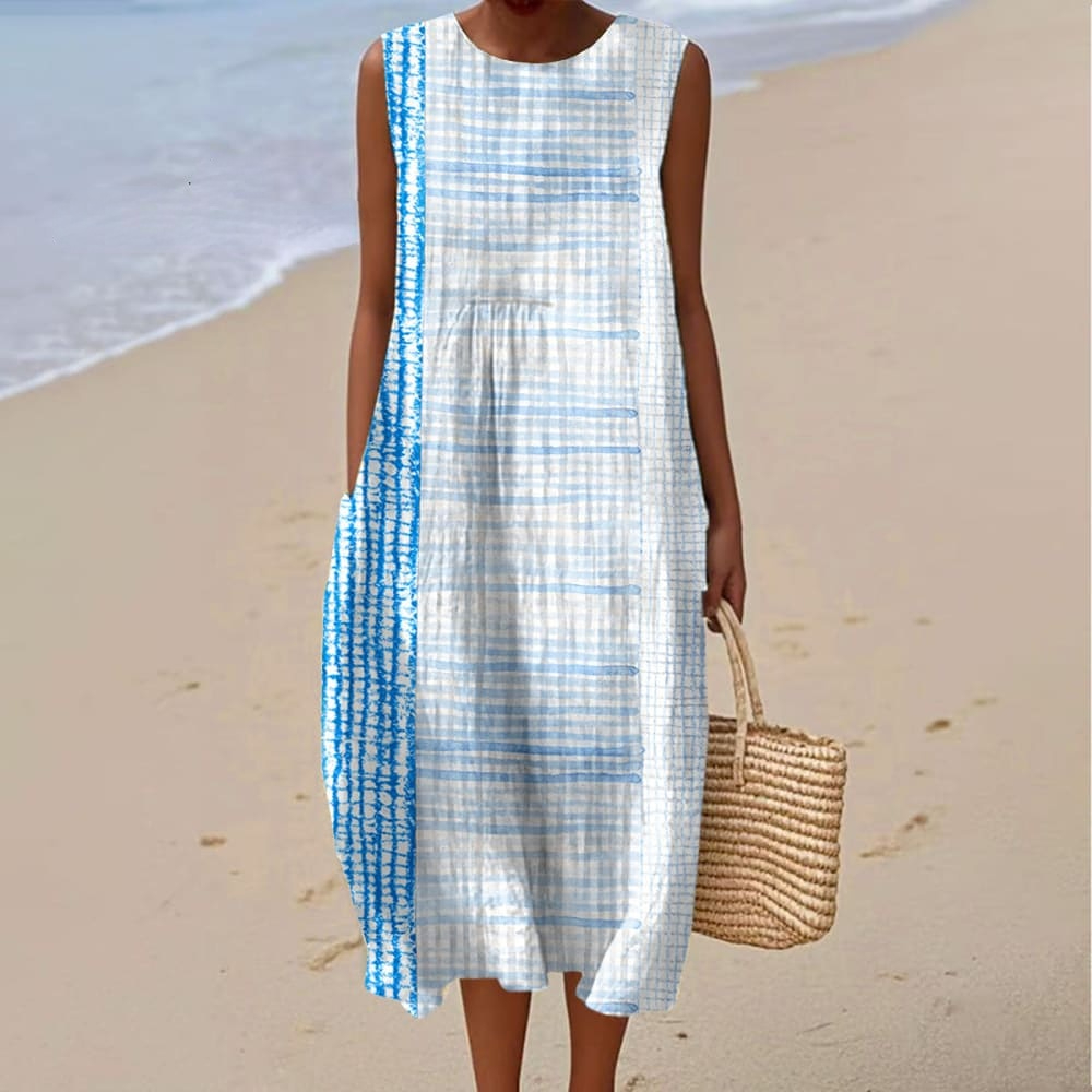 Women's Vintage Abstract Geometry Art Print Sleeveless Cotton Pocket Wrap Dress