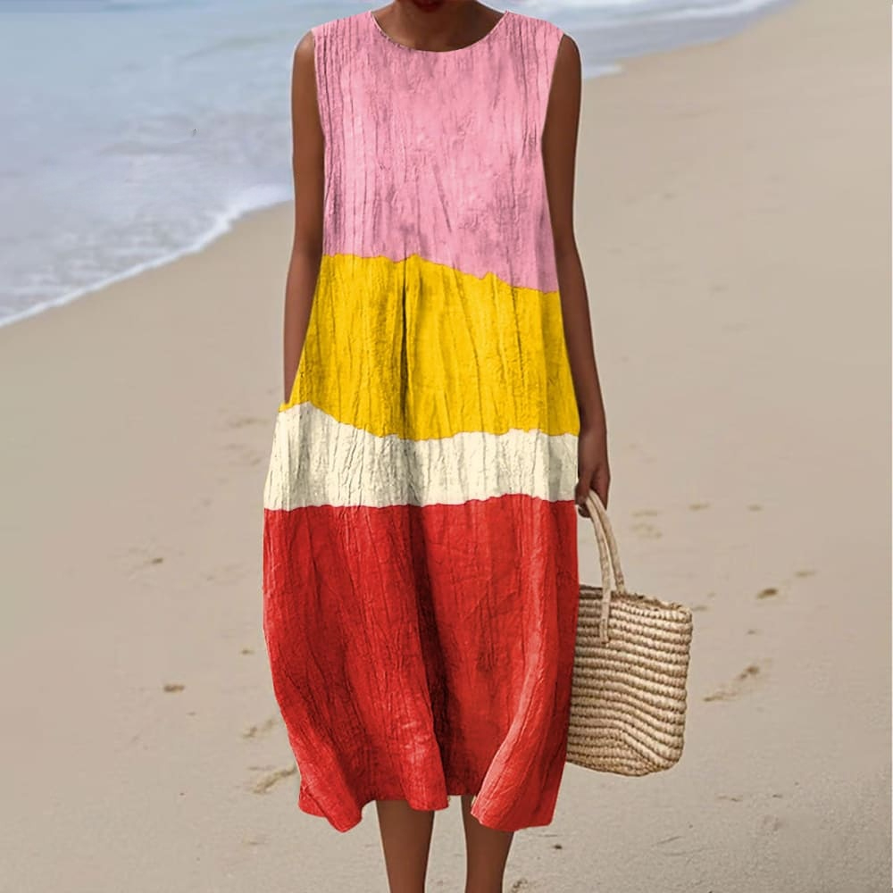 Women's Vintage Color Block Art Print Sleeveless Cotton Pocket Wrap Dress