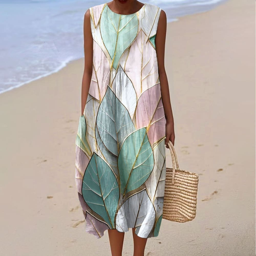 Women's Vintage Abstract Geometric Leaves Art Print Sleeveless Cotton Pocket Wrap Dress