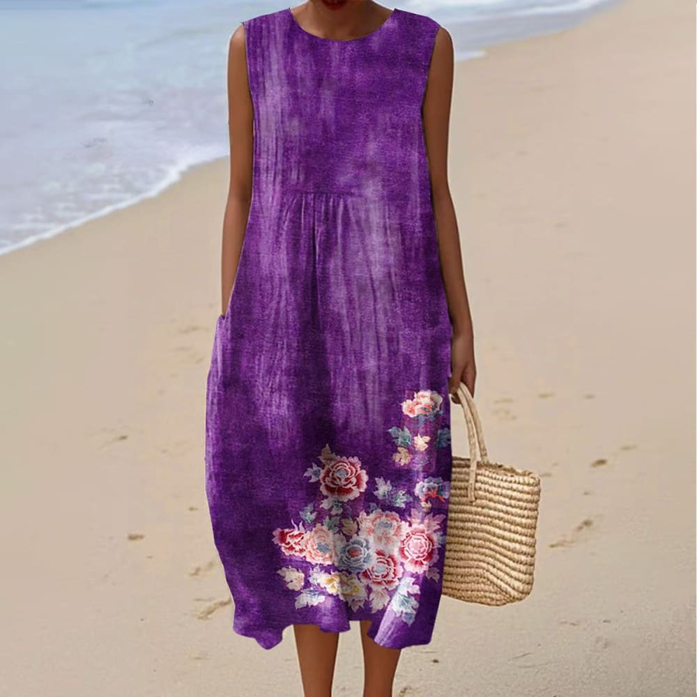 Women's Vintage Floral Art Print Sleeveless Cotton Pocket Wrap Dress