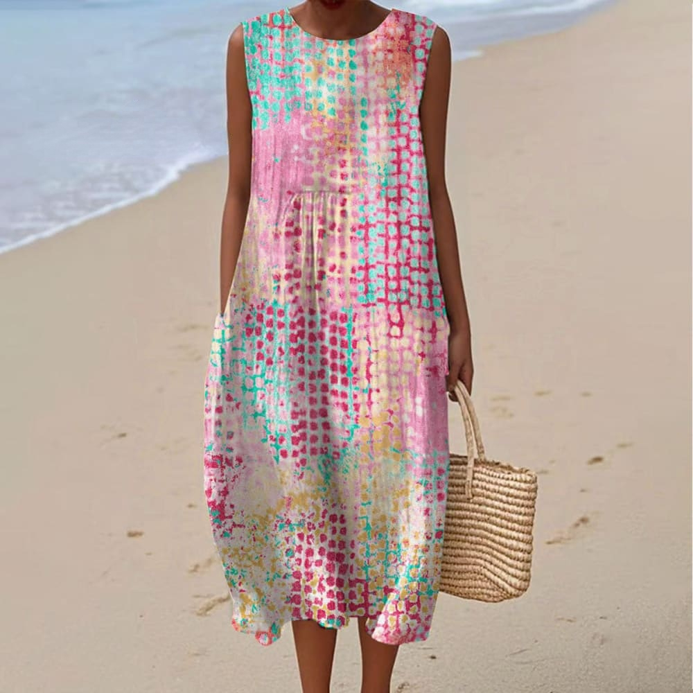 Women's Vintage Abstract Geometry Art Print Sleeveless Cotton Pocket Wrap Dress