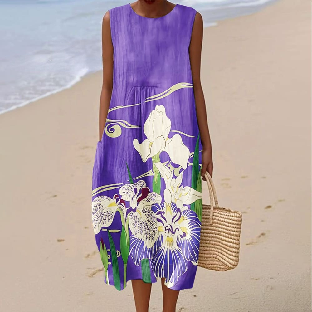 Women's Vintage Floral Art Print Sleeveless Cotton Pocket Wrap Dress