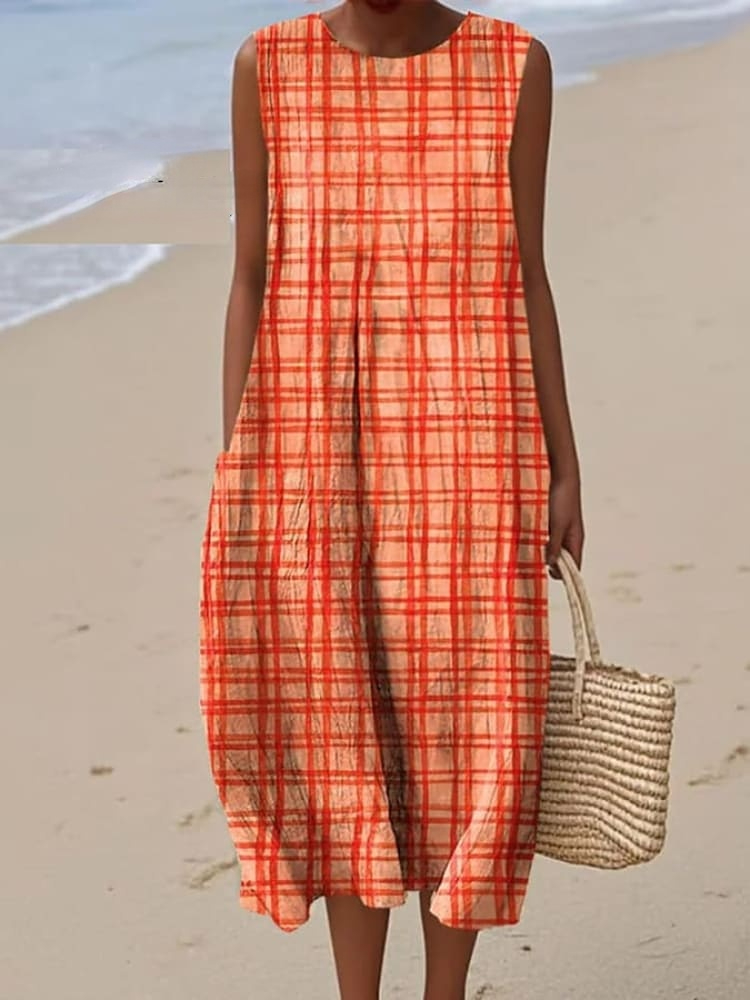 Women's casual cotton and linen sleeveless solid-color dress