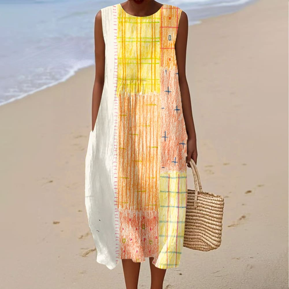 Women's Vintage Abstract Geometry Art Print Sleeveless Cotton Pocket Wrap Dress