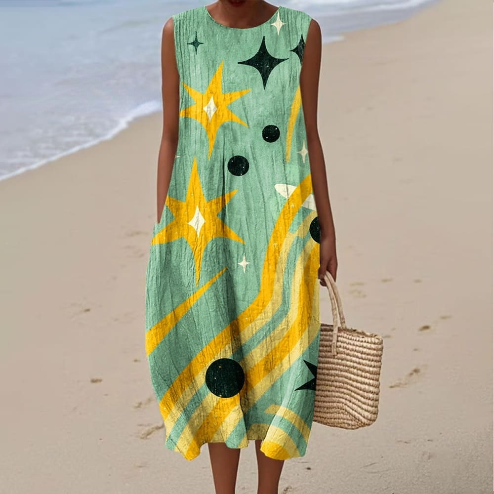 Women's Vintage Color Block Star Art Print Sleeveless Cotton Pocket Wrap Dress