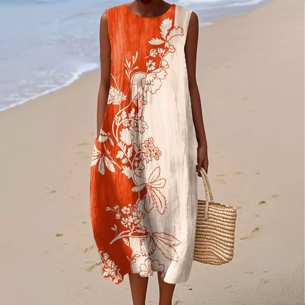 Women's Vintage Floral Art Print Sleeveless Cotton Pocket Wrap Dress