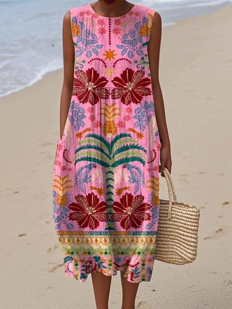 Women's Vintage Floral Art Print Sleeveless Cotton Pocket Wrap Dress