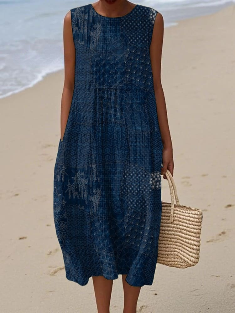 Women's Japanese Traditional Sashiko Art Pattern Sleeveless Linen Pocket Wrap Dress