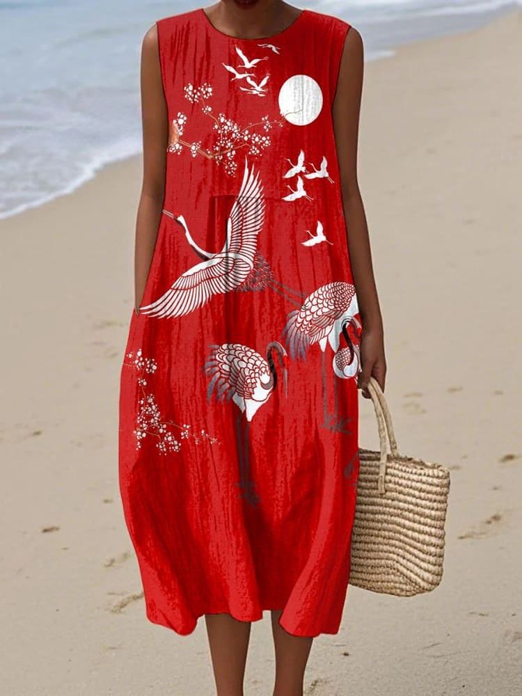 Women's Vintage Crane Art Print Sleeveless Linen Pocket Wrap Dress