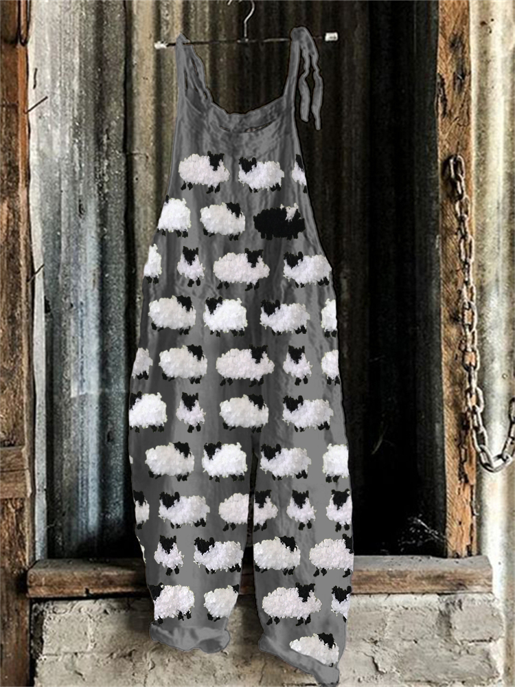 Vintage Fuzzy Sheep Fleece Pattern Jumpsuit