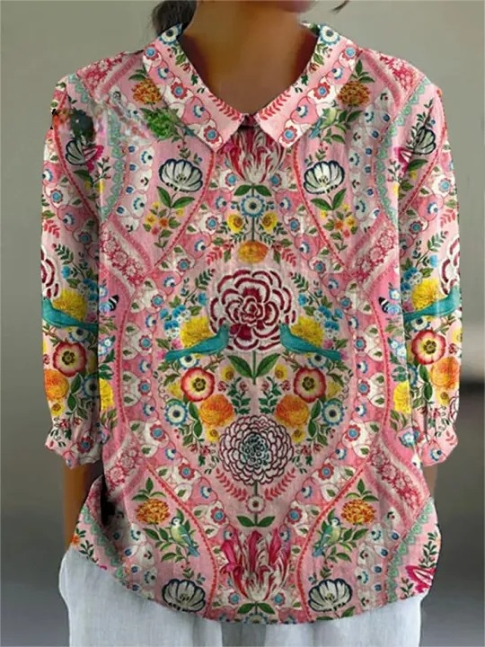 Vintage Ethnic Floral Pattern Printed Women's Casual Cotton And Linen 