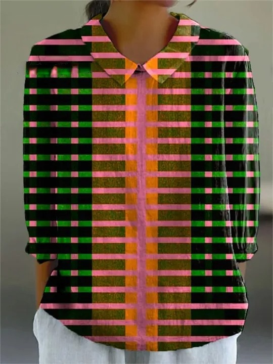 Women's Retro Stripes Abstract Art Print Casual Cotton And Linen 3/4 S