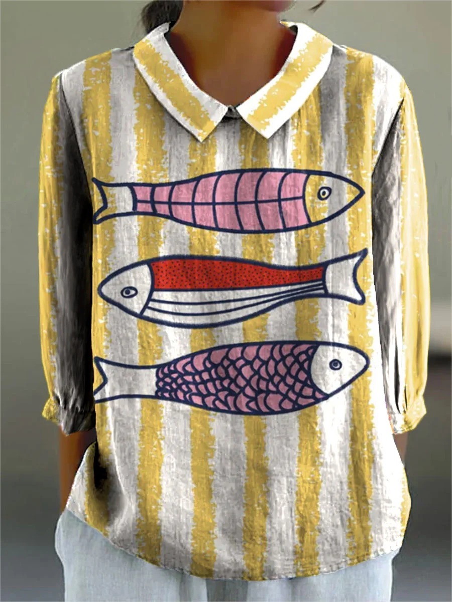 Women's Vintage Fish Art Print Casual Cotton And Linen 3/4 Sleeve Shirt