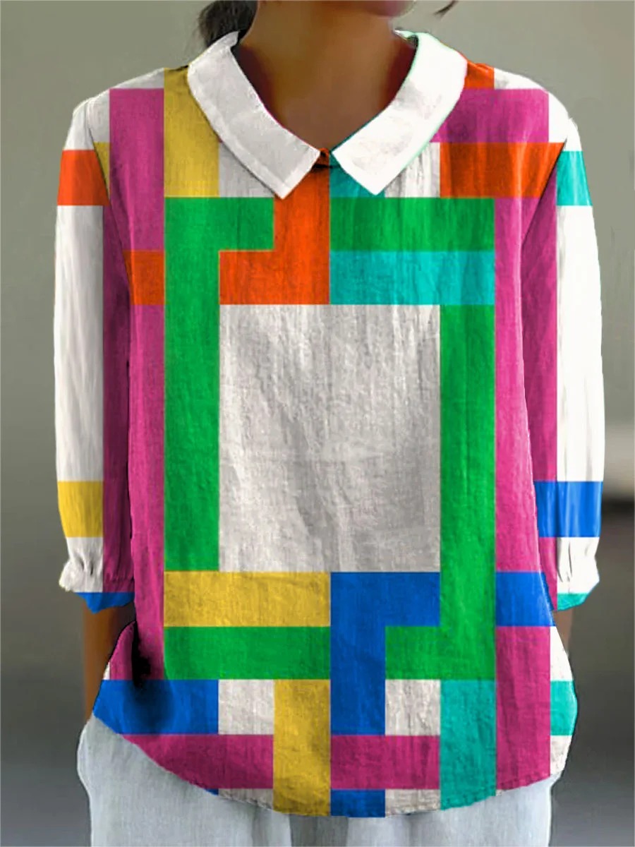 Women's Colorful Abstract Color Block Art Print Casual Cotton And Linen 3/4 Sleeve Shirt