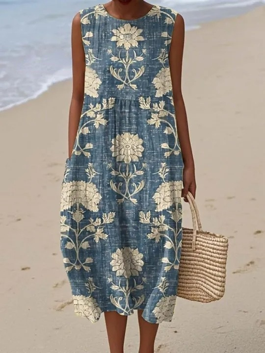 Women's Vintage Floral Pattern Art Print Sleeveless Cotton Pocket Wrap Dress