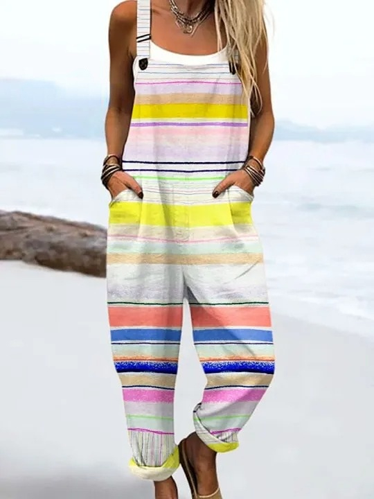 Women's Vintage Abstract Geometric Line Art Print Casual 100% Cotton Wide Leg Jumpsuit