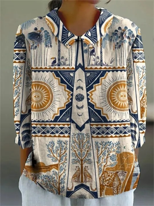 Tropical Woodland Symmetrical Pattern Printed Women's Casual Cotton And Linen 3/4 Sleeve Shirt