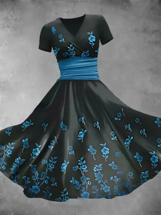 Retro Blue Floral Print V-Neck Short Sleeve Midi Dress
