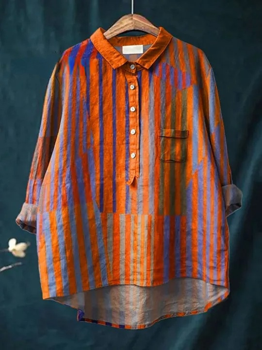 Women's Vintage Colorblock Striped Art Print Casual Cotton And Linen Shirt