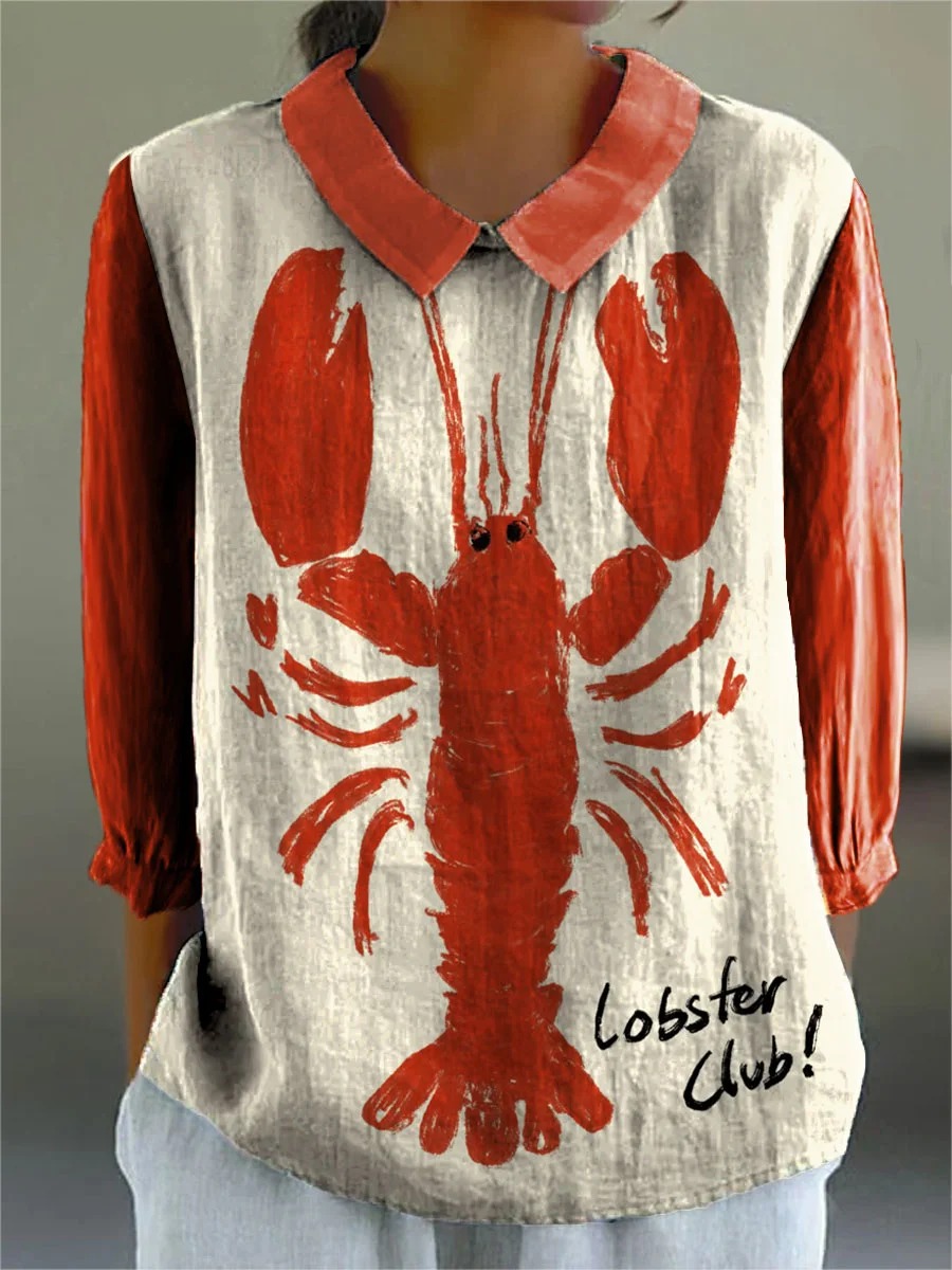 Women's Vintage Lobster Art Print Casual Cotton And Linen 3/4 Sleeve Shirt