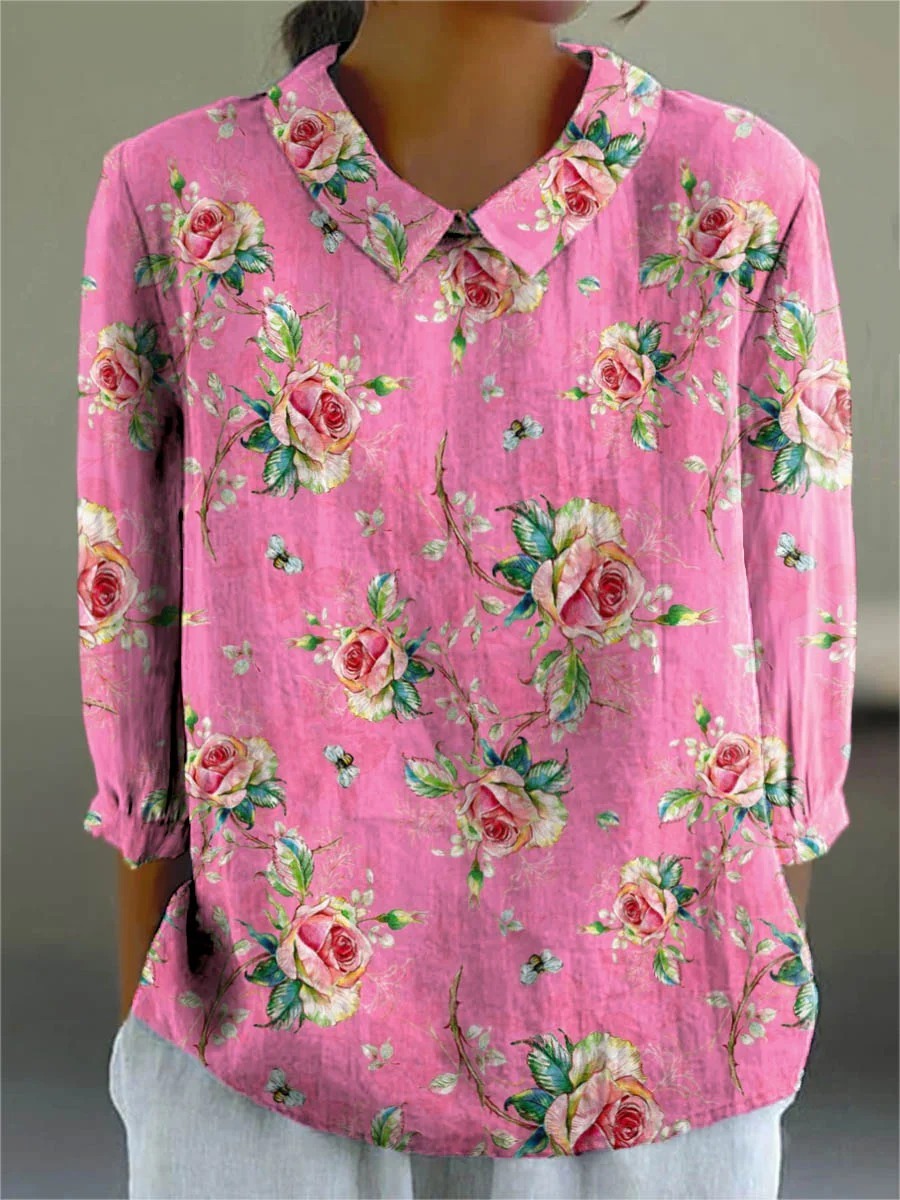 Spring Bird Toile Pattern Printed Women's Casual Cotton And Linen 3/4 