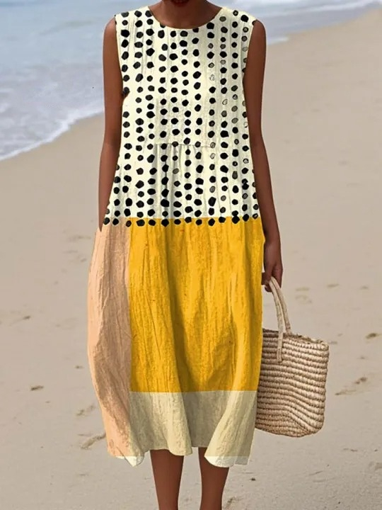 Women's Abstract Geometric Dot Pattern Art Print Sleeveless Cotton Pocket Wrap Dress