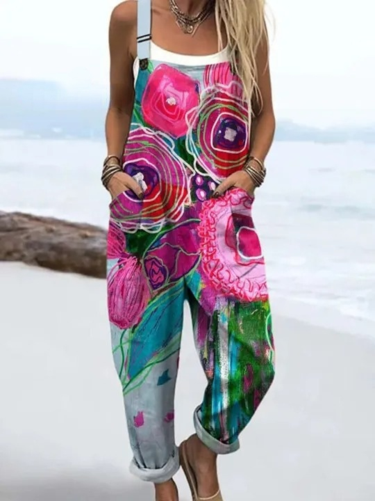 Women's Vintage Floral Art Print Casual 100% Cotton Wide Leg Jumpsuit