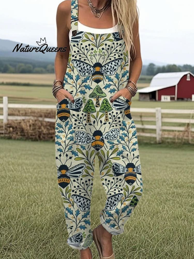 Women's Flying Bees Embroidery Pattern Casual Cotton Wide Leg Jumpsuit