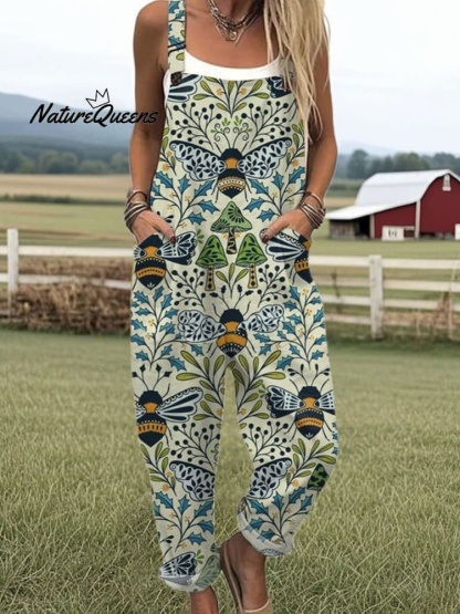Women's Flying Bees Embroidery Pattern Casual Cotton Wide Leg Jumpsuit