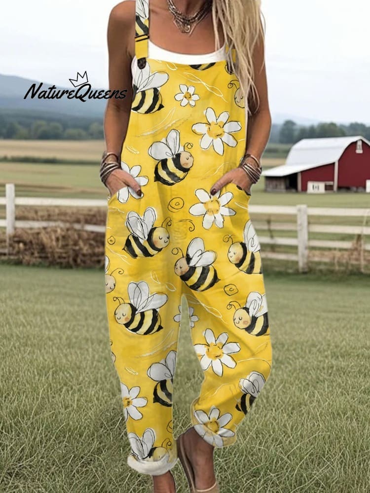 Women's Flying Bees Embroidery Pattern Casual Cotton Wide Leg Jumpsuit