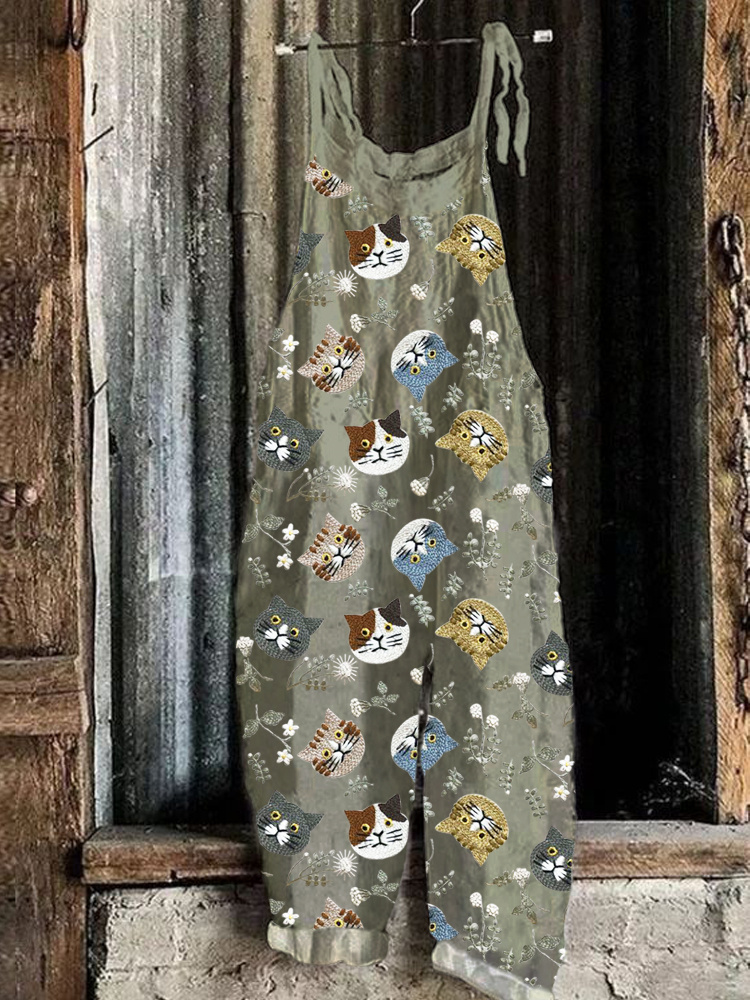 Cat Embroidered Art Linen Blend Casual Jumpsuit
