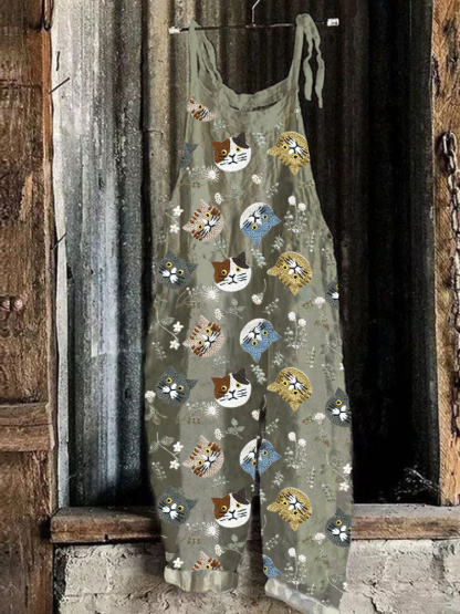 Cat Embroidered Art Linen Blend Casual Jumpsuit