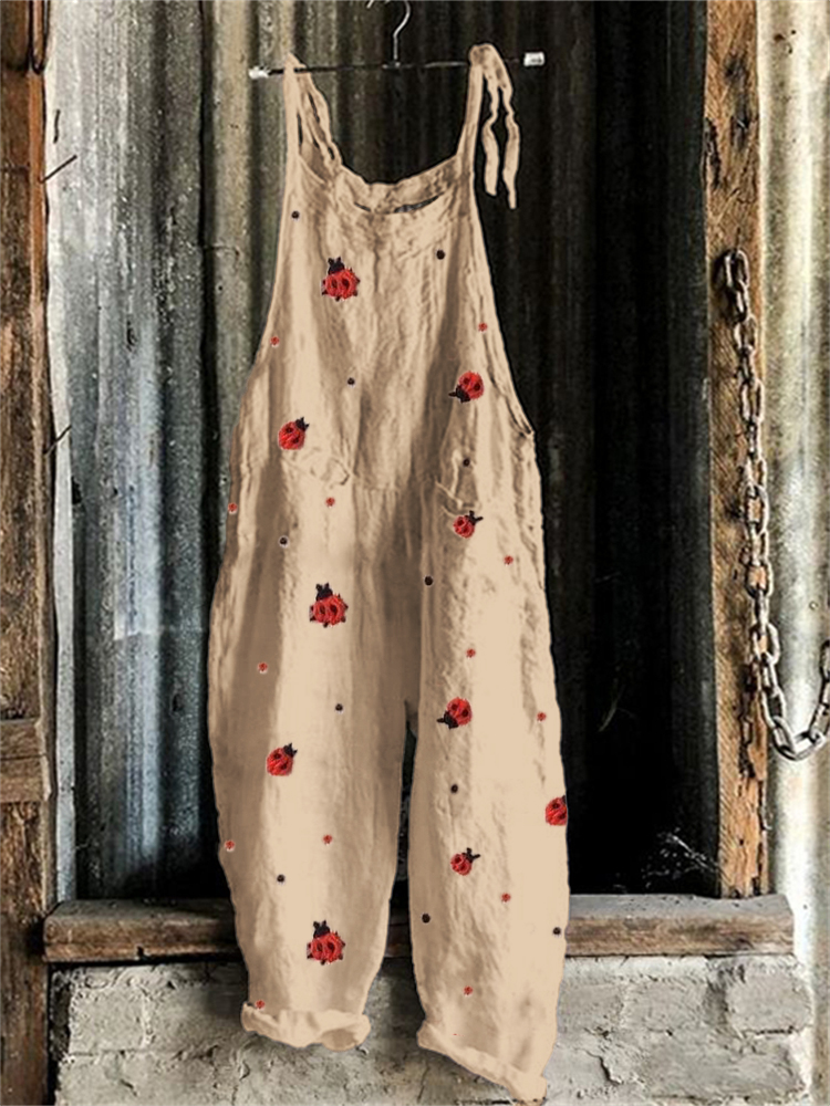 Ladybugs Polka Dots Embroidered Linen Blend Jumpsuit