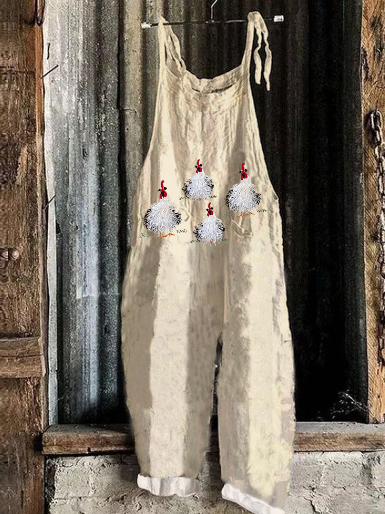 Fringed Four Chicks Embroidery Linen Blend Jumpsuit