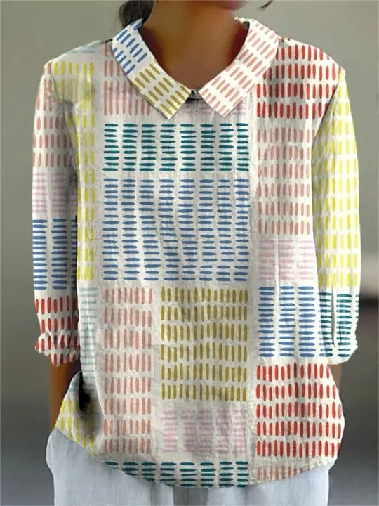 Multicolor Geometric Pattern Printed Women's Casual Cotton And Linen 3/4 Sleeve Shirt