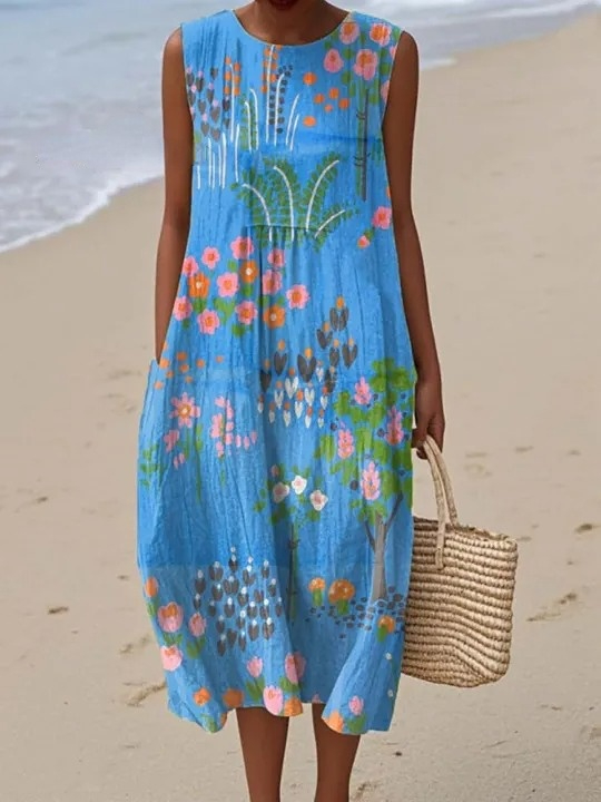 Women's Vintage Floral Pattern Art Print Sleeveless Cotton Pocket Wrap Dress