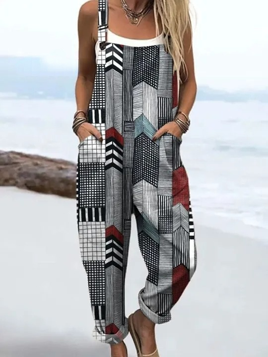 Women's Vintage Spliced Line Art Print Casual 100% Cotton Wide Leg Jumpsuit