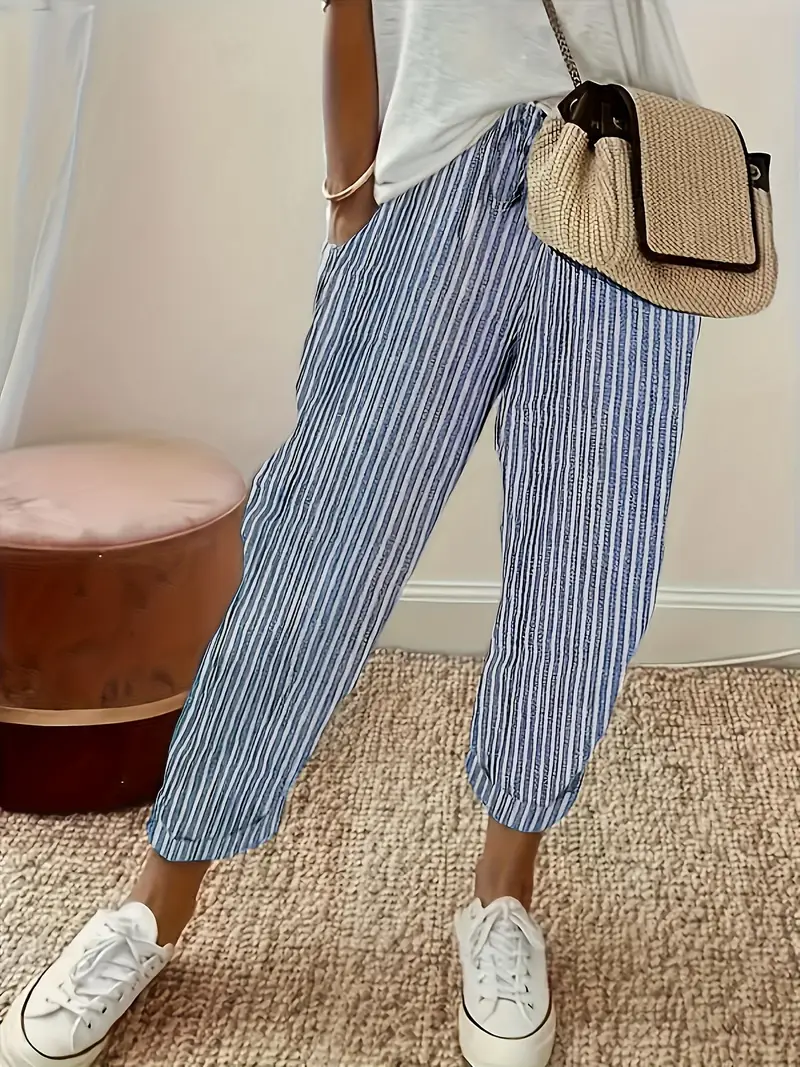 Women's Stripe Print Lace-Up Casual Pants