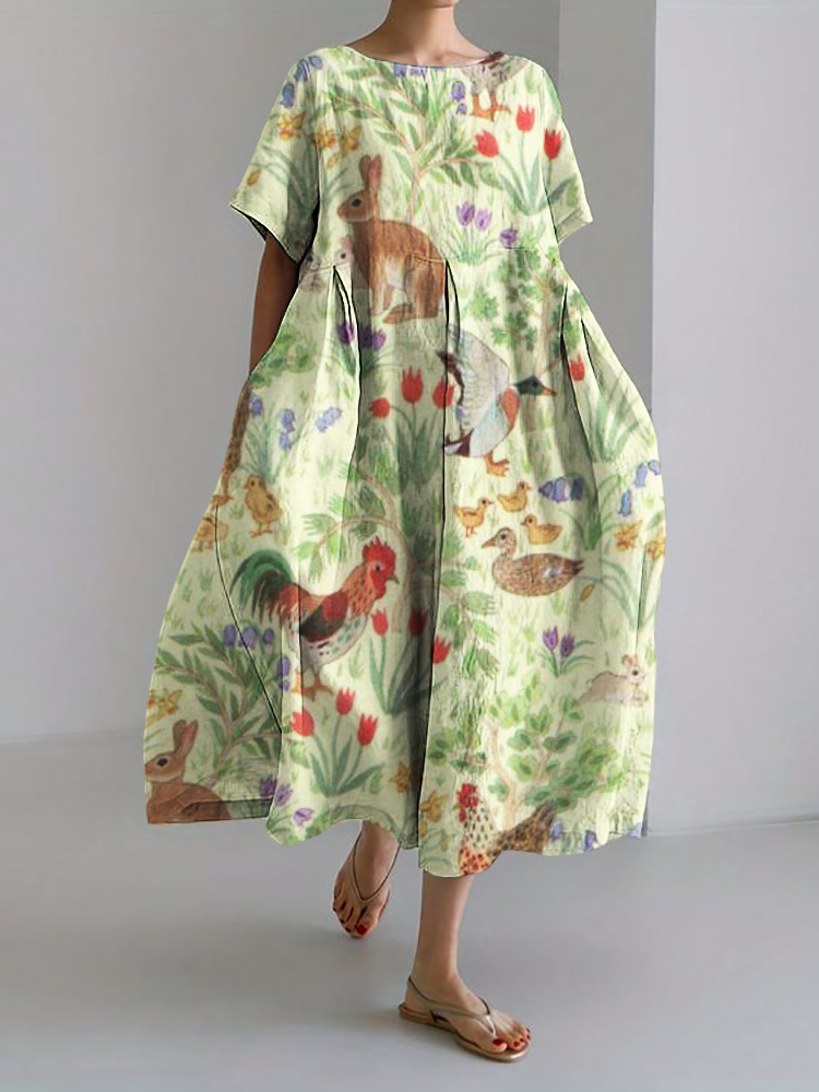 Vintage Farm Animals Floral Linen Blend Maxi Dress