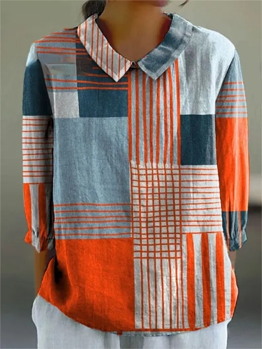 Women's Vintage Colorblock Striped Art Print Casual Cotton And Linen 3/4 Sleeve Shirt