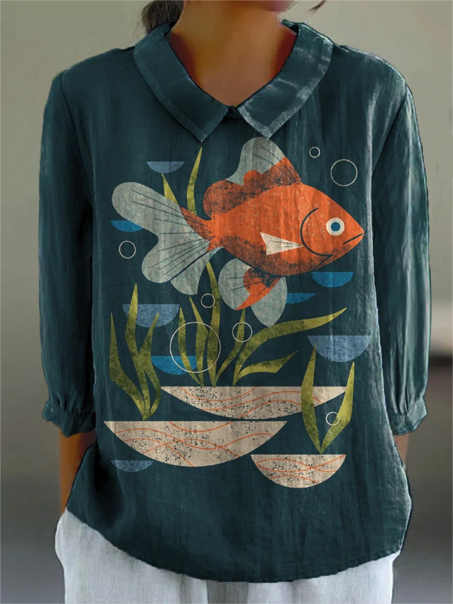 Women's Vintage Fish Art Print Casual Cotton And Linen 3/4 Sleeve Shirt