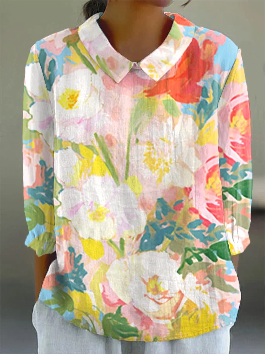 Women's Floral Art Print Casual Cotton And Linen 3/4 Sleeve Shirt