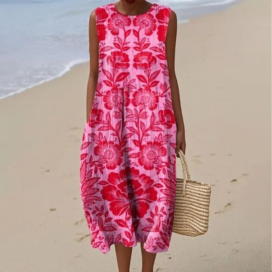 Women's Vintage Floral Art Print Sleeveless Cotton Pocket Wrap Dress