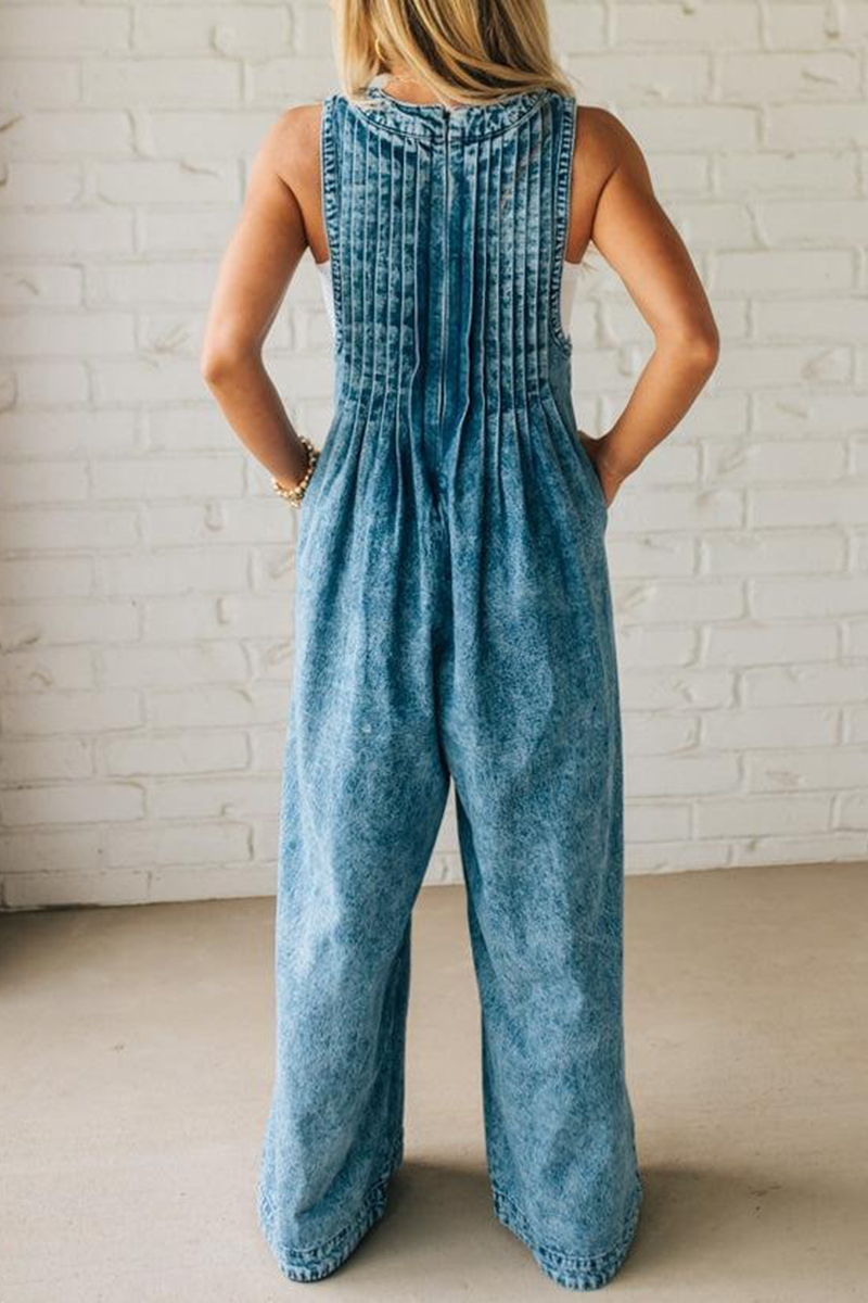 Ladies' Shoulder Strap Hollow Splicing Pleated Casual Jumpsuit