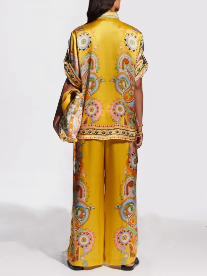 Exquisite Satin Unique Plant Flower Print Loose Wide-Leg Pants