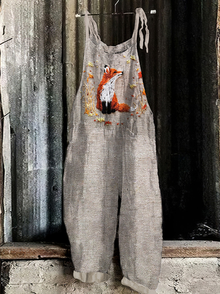 Fox Embroidery Pattern Linen Blend Casual Jumpsuit